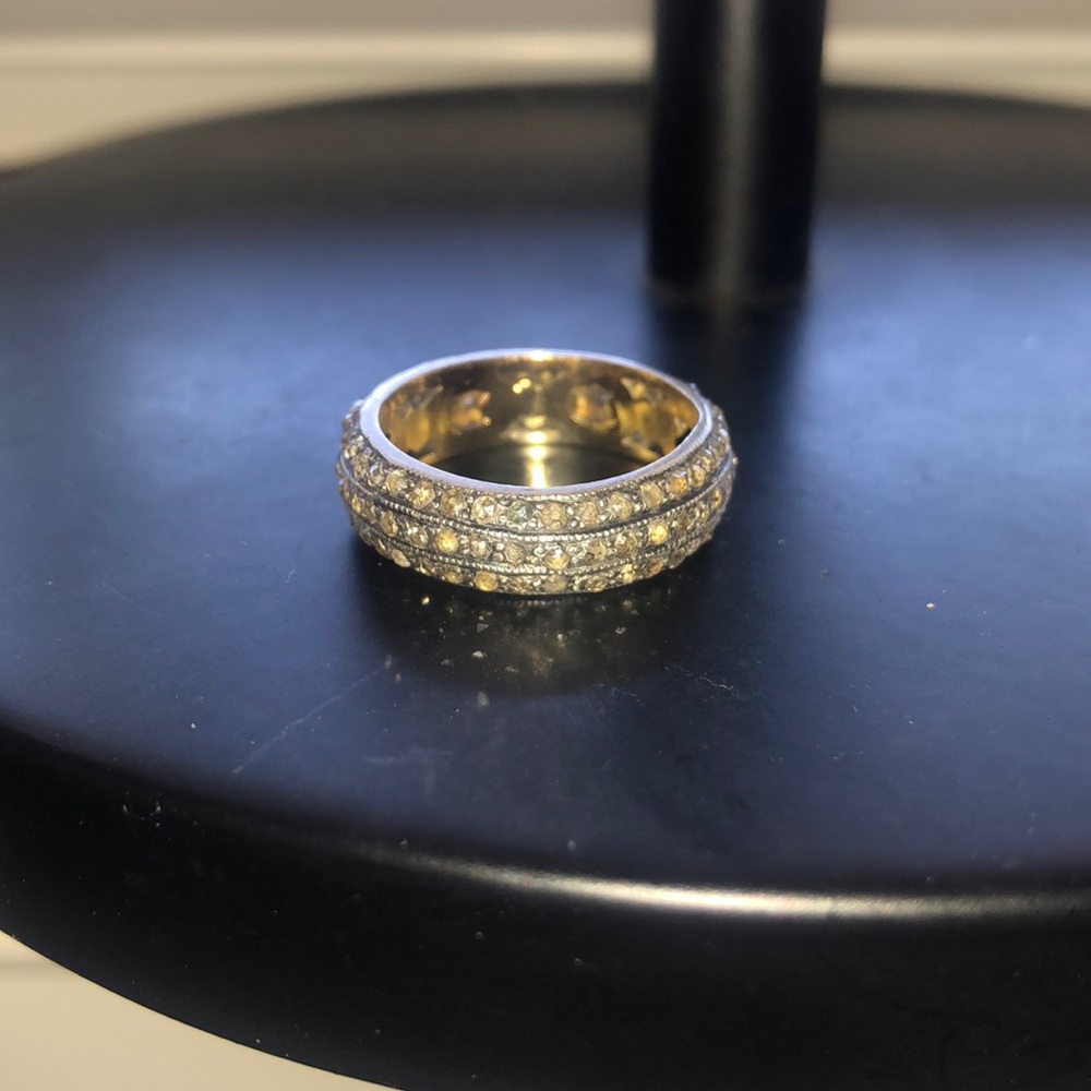 Antique Indian Sterling Silver, Yellow Gold & Diamond Pave Ring size 6